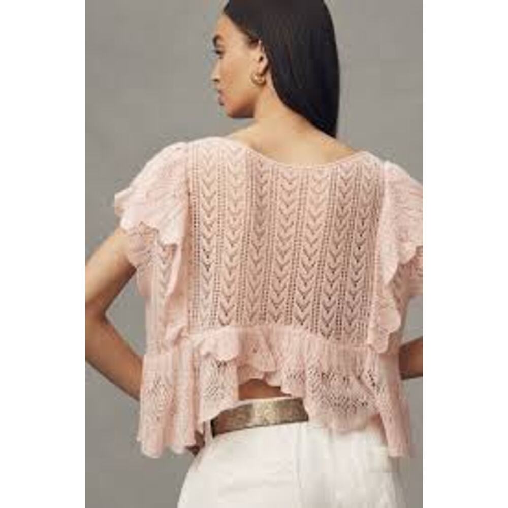 By ANTHROPOLOGIE Flutter Sleeve Pointelle Cashmere Top FEMININE PINK COZY Size M - Picture 6 of 7